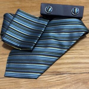 George Martin Blue and‎ Black Striped Silk Tie Set
